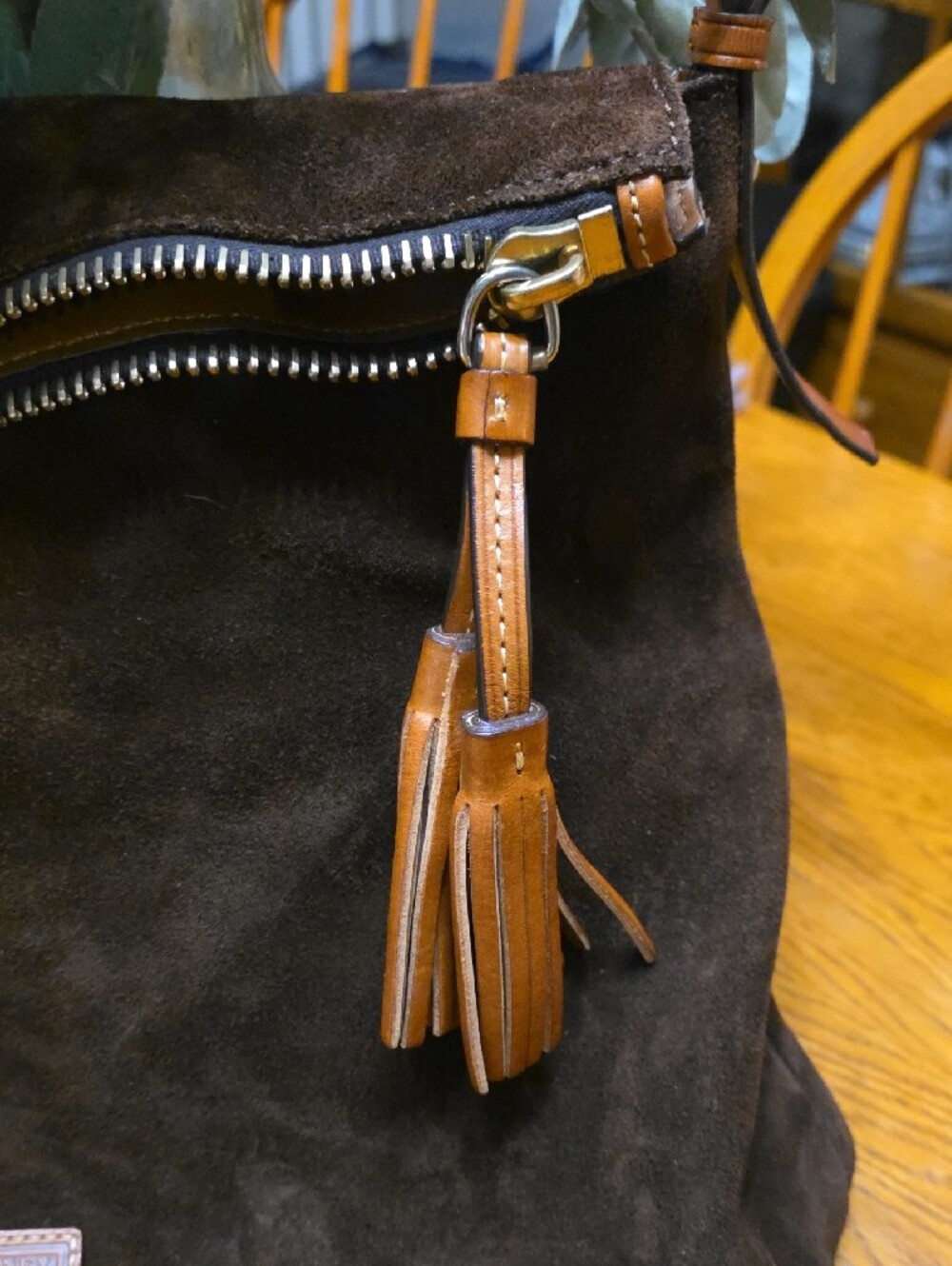 Dooney & Bourke Dark Brown Suede Shoulder Hobo with Tan Leather Trim - Picture 4 of 12